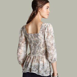 Free People XS Smocked Floral Sheer Peasant Ever After Top Boho Romantic Cottage